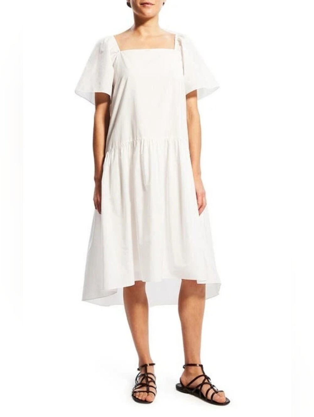 Theory NWT Square Neck Tiered Mini Dress • Tech Lawn Cotton Blend White M